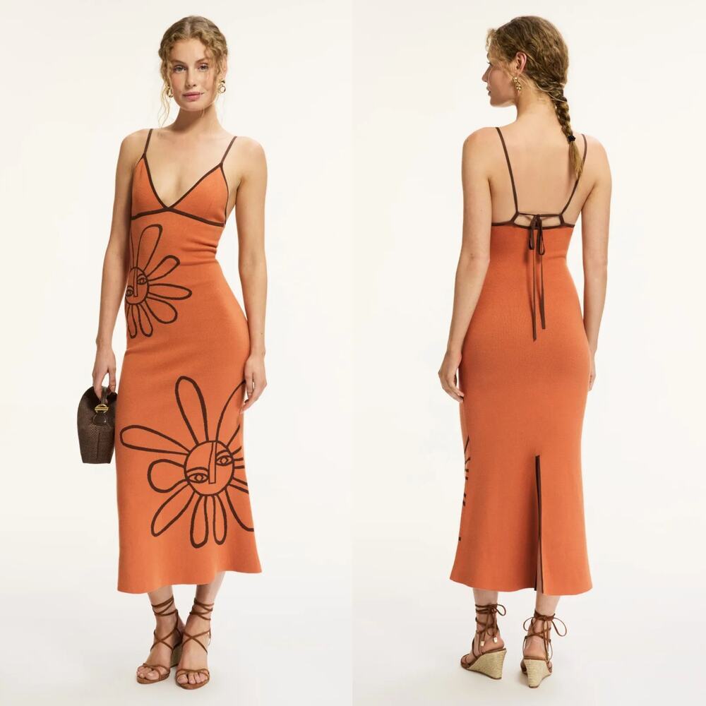 The Wolf Gang Soleil Knit Dress Midi Sheath Jaffa Orange with Brown Contrast XS